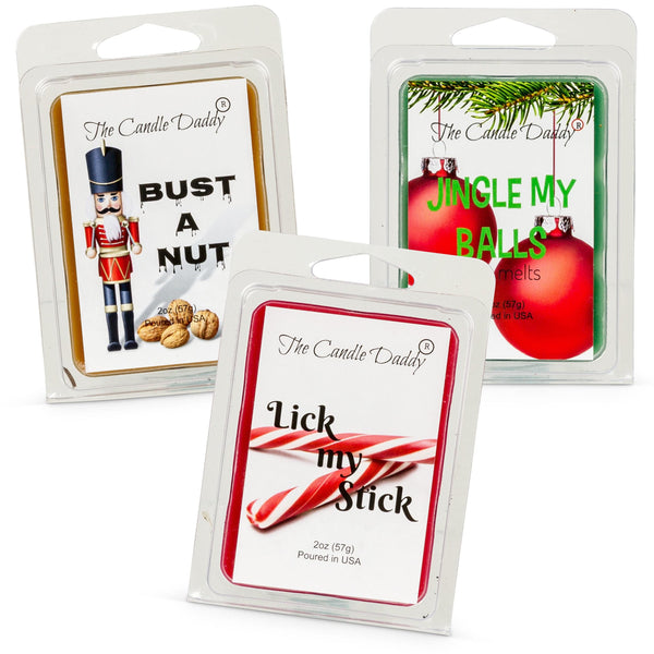"All I Want For Christmas" Combo Set Of Three Scented Wax Melt Cubes - Lick My Stick- Jingle My Balls- BustANut - The Candle Daddy