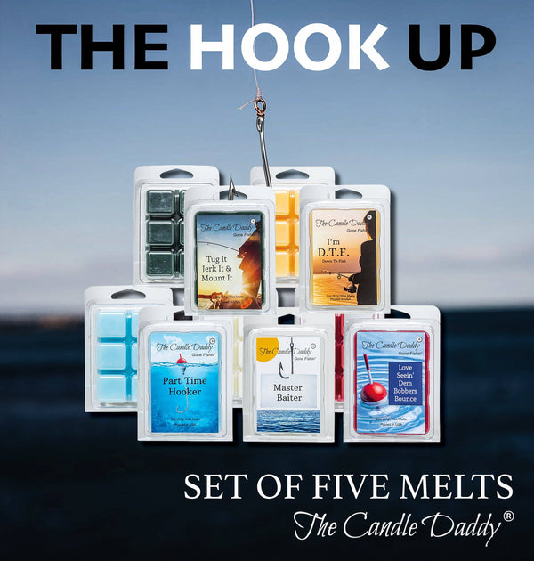 The Hook Up! Fisherman's Friend 5 Pack Melt Combo - 5 Distinctively Different Aromas - 30 Total Cubes, 10 Total Ounces - Fishing Fisherwoman Outdoors - Hilarious Funny Gift - The Candle Daddy
