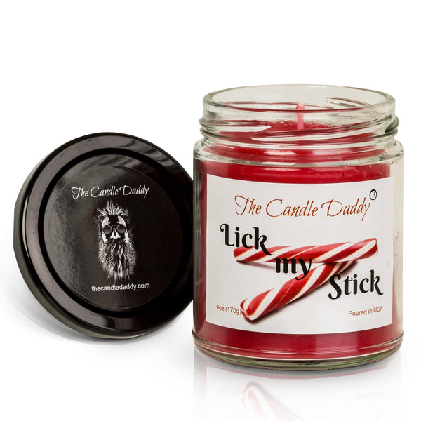 Lick My Stick Peppermint Holiday Candle - Funny Candy Cane Scented Candle - Funny Holiday Candle for Christmas, New Years - Long Burn Time, Holiday Fragrance, Hand Poured in USA - 6oz - The Candle Daddy