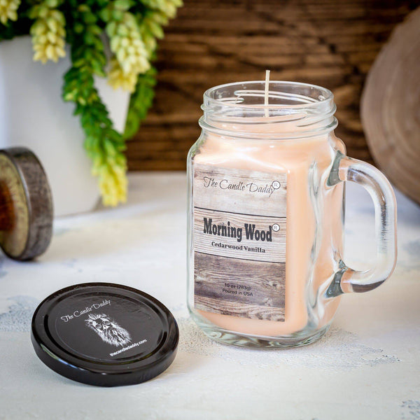 Morning Wood- Cedarwood Vanilla Scented Mason Jar with Handle Candle- 10 Ounce- 80 Hour Burn- Made in USA - The Candle Daddy