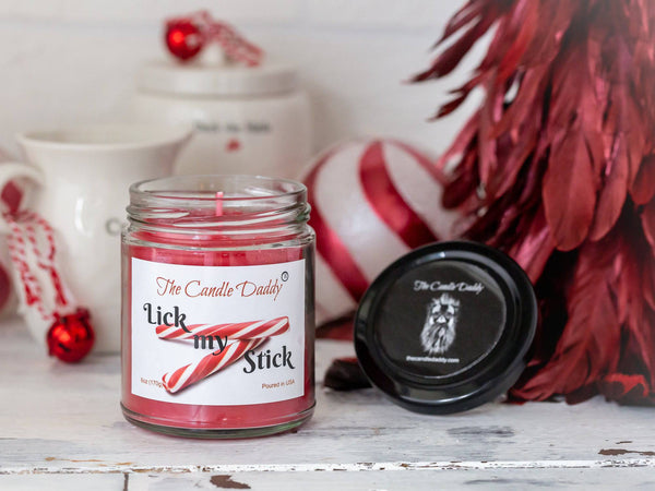 Lick My Stick Peppermint Holiday Candle - Funny Candy Cane Scented Candle - Funny Holiday Candle for Christmas, New Years - Long Burn Time, Holiday Fragrance, Hand Poured in USA - 6oz - The Candle Daddy