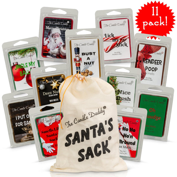 Santa's Sack - 11 Packs Of Random Christmas Wax Melts in the Sack - Randomly Selected - Great Dirty Santa Gift - The Candle Daddy