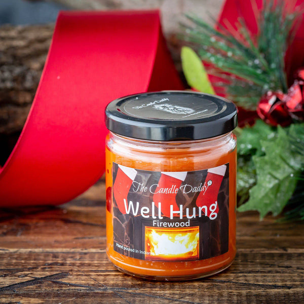 Well Hung Fireplace Holiday Candle - Funny Fire Place Scented Candle - Funny Holiday Candle for Christmas, New Years - Long Burn Time, Holiday Fragrance, Hand Poured in USA - 6oz - The Candle Daddy
