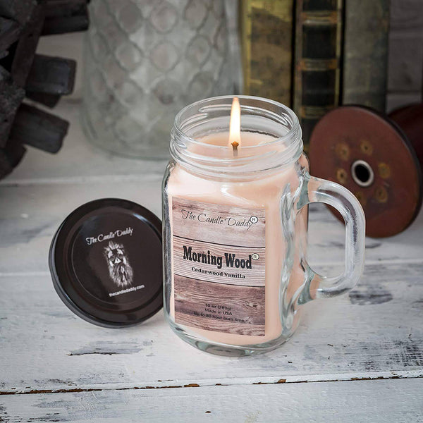 Morning Wood- Cedarwood Vanilla Scented Mason Jar with Handle Candle- 10 Ounce- 80 Hour Burn- Made in USA - The Candle Daddy