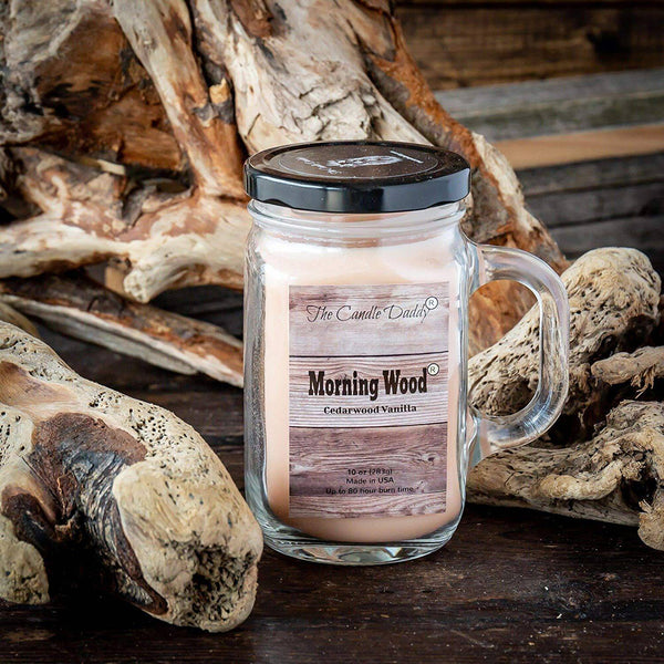 Morning Wood- Cedarwood Vanilla Scented Mason Jar with Handle Candle- 10 Ounce- 80 Hour Burn- Made in USA - The Candle Daddy