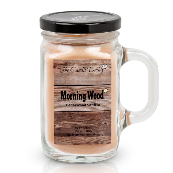 Morning Wood- Cedarwood Vanilla Scented Mason Jar with Handle Candle- 10 Ounce- 80 Hour Burn- Made in USA - The Candle Daddy