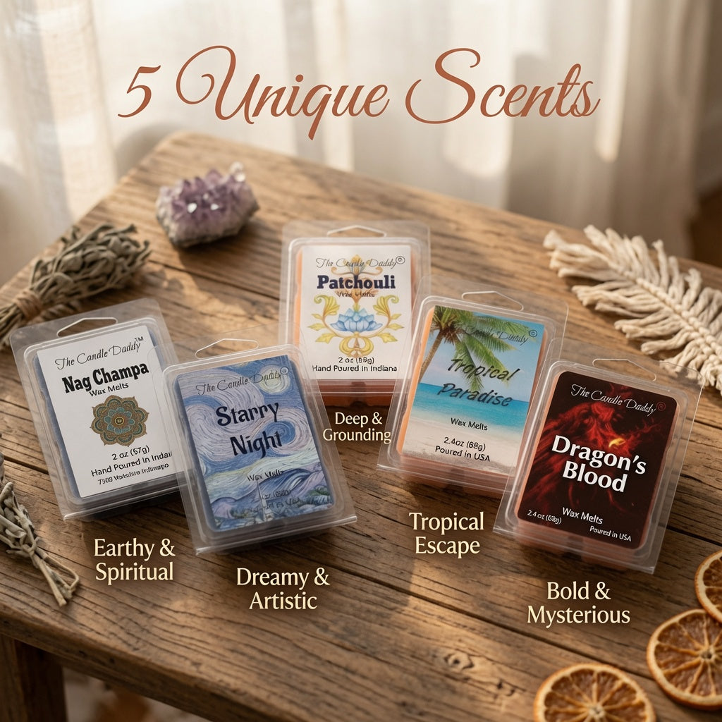 "Free Spirit Bundle"  Combo Set Of Five Scented Wax Melt Cubes - Nag Champa, Patchouli, Starry Night, Tropical Paradise, Dragon's Blood