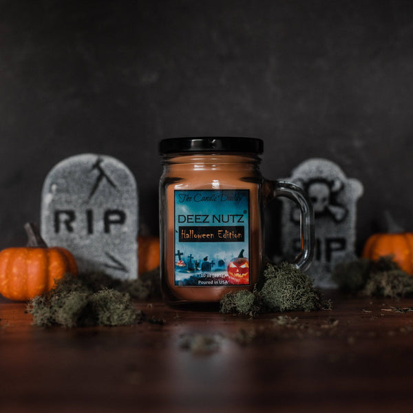 Deez Nutz Halloween Edition - Spooky Funny Halloween Banana Nut Bread Scented Mason Jar Candle - 10 oz with 80 Hour Burn Time - The Candle Daddy