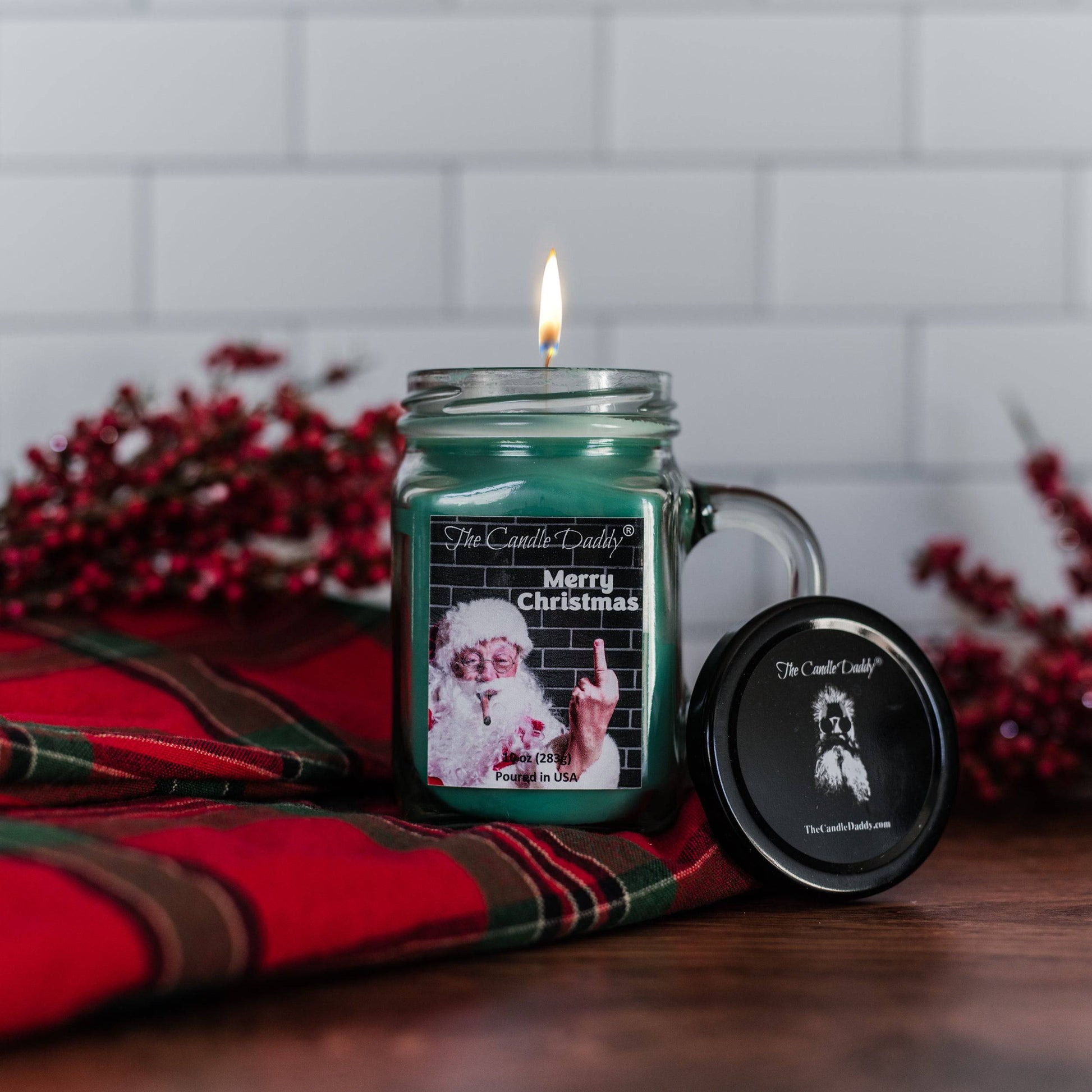 Merry Christmas Santa Bird Middle Finger - Funny Christmas Balsam Pine Scented Mason Jar Candle - 10 oz with 80 Hour Burn Time - The Candle Daddy