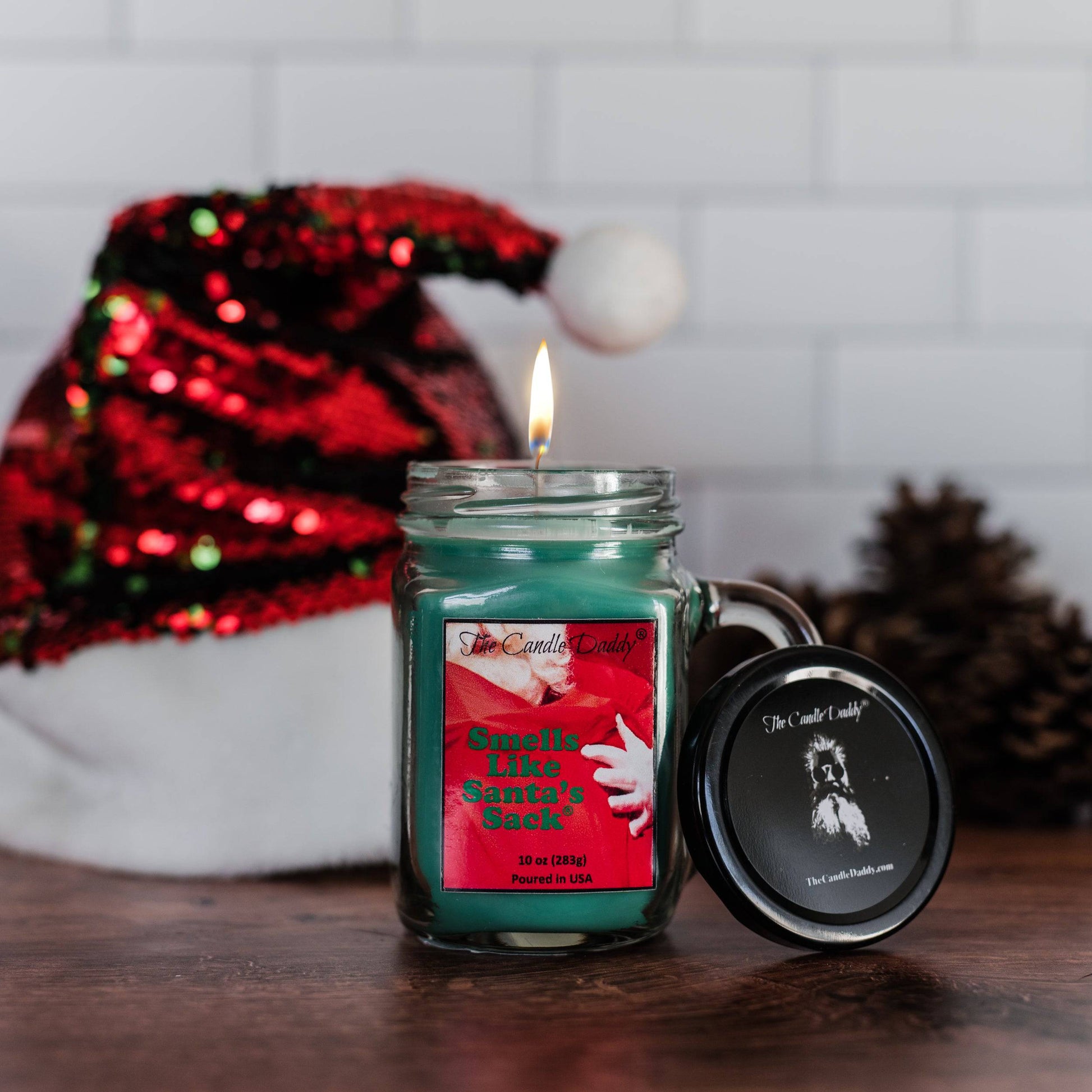 Smells Like Santa's Sack - Funny Christmas Balsam Pine Scented Mason Jar Candle - 10 oz with 80 Hour Burn Time - The Candle Daddy