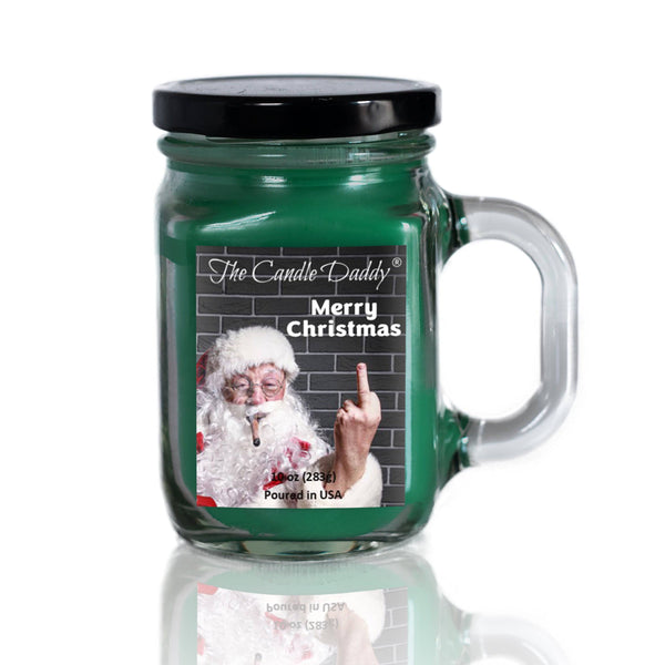 Merry Christmas Santa Bird Middle Finger - Funny Christmas Balsam Pine Scented Mason Jar Candle - 10 oz with 80 Hour Burn Time - The Candle Daddy