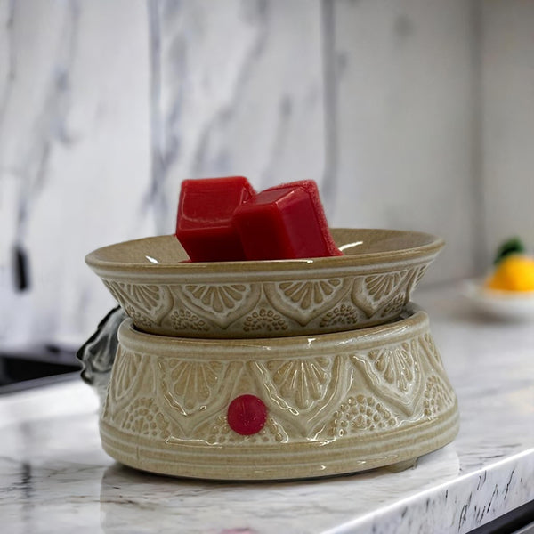 Electric Ceramic Wax Cube and Candle Warmer - Cream & White Engraved Design