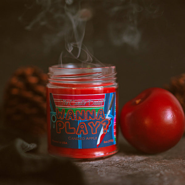 FREE SHIPPING - Wanna Play?  - Scary Candied Apple Scented  Horror Movie Candle - Halloween 6 Oz Jar Candle - 40 Hour Burn Time