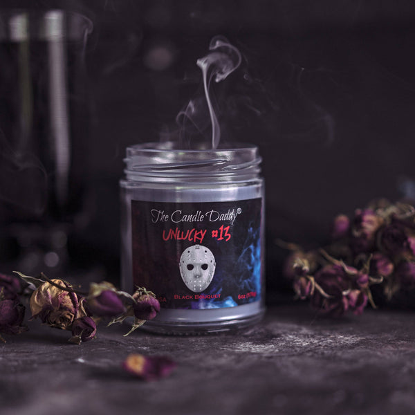 FREE SHIPPING - Unlucky #13 - Black Bouquet Scented Horror Movie Candle - Halloween 6 Oz Jar Candle - 40 Hour Burn Time