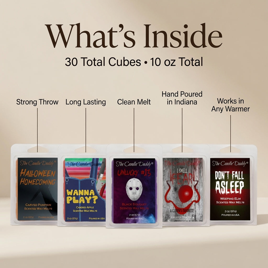 Halloween Horror Movie 5 Pack  - 5 Amazingly Spooky Wax Melts - 30 Total Cubes - 10 Total Ounces