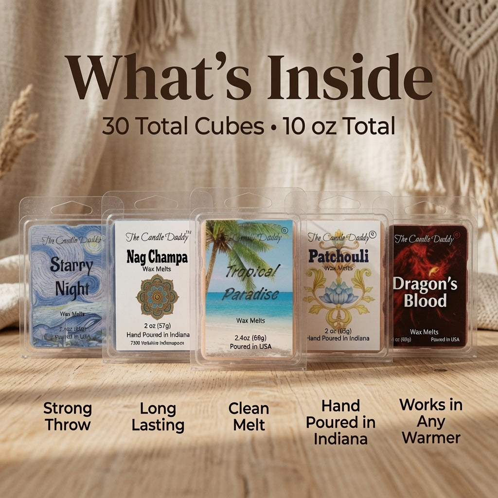 "Free Spirit Bundle"  Combo Set Of Five Scented Wax Melt Cubes - Nag Champa, Patchouli, Starry Night, Tropical Paradise, Dragon's Blood