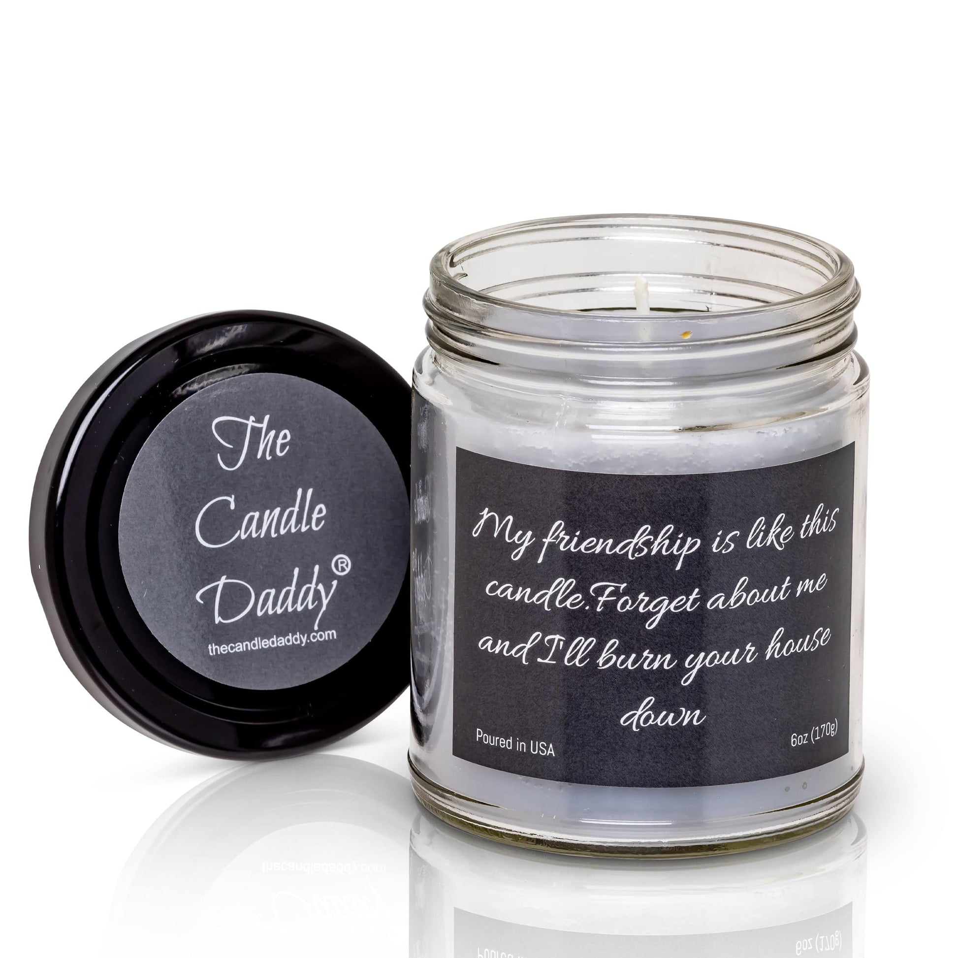 My friendship is like this candle.  Forget about me and I'll burn your house down- 6 oz- 40 hour burn time -Snickerdoodle Scent - The Candle Daddy