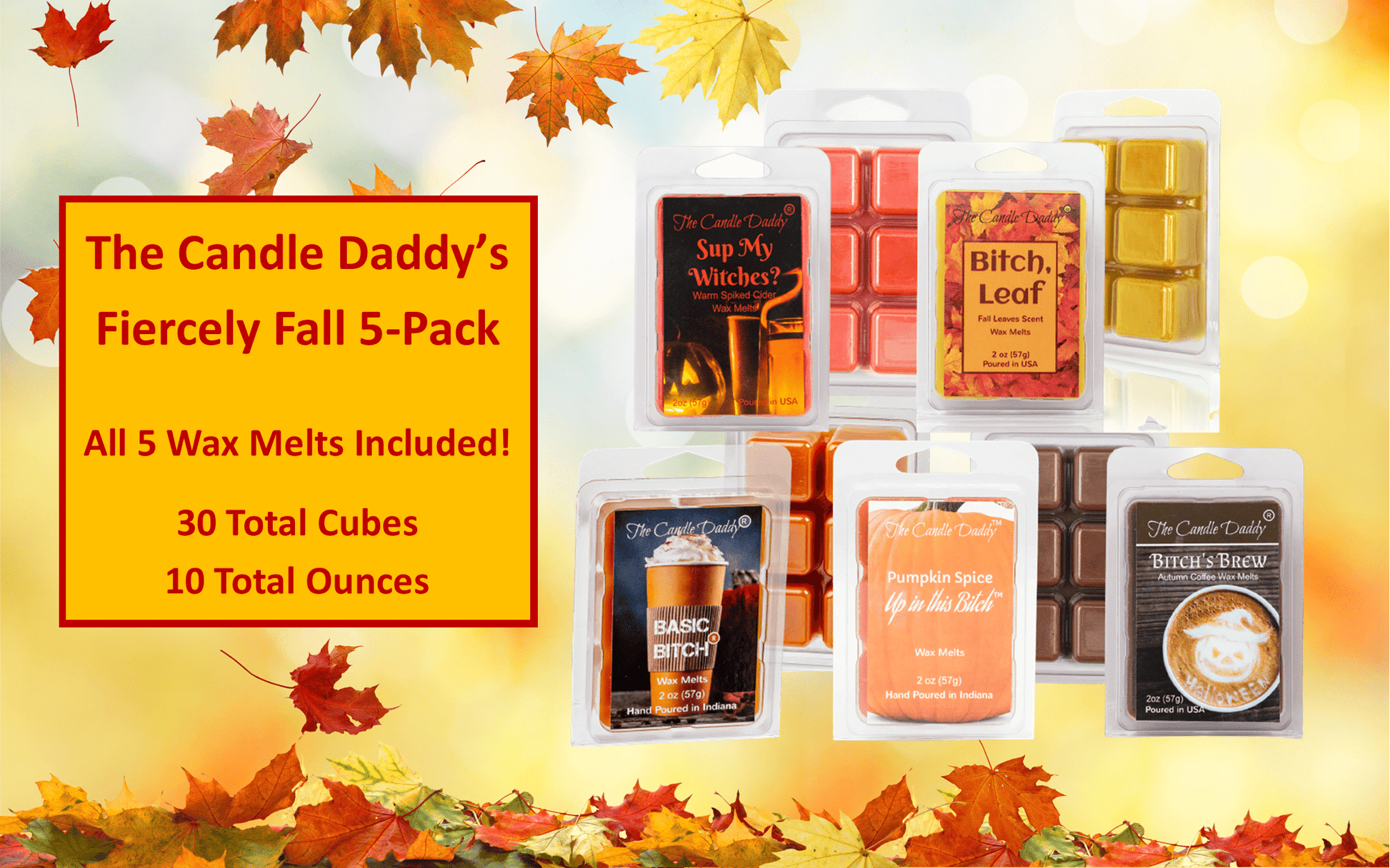 Fiercely Fall 5 Pack -  5 Amazing Autumn Wax Melts - 30 Total Cubes - 10 Total Ounces - The Candle Daddy