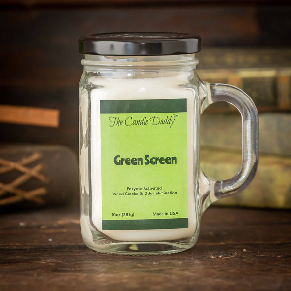 GREEN SCREEN - SMOKE AND ODOR ELIMINATOR - ENZYME ACTIVATED- 10 OUNCE GLASS JAR CANDLE - 80 Hour Burn Time
