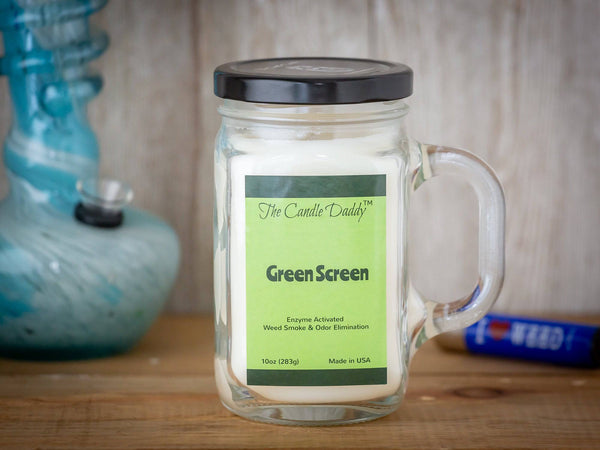 GREEN SCREEN - SMOKE AND ODOR ELIMINATOR - ENZYME ACTIVATED- 10 OUNCE GLASS JAR CANDLE - 80 Hour Burn Time - The Candle Daddy