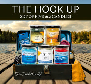 The Hook Up! Fisherman's Friend 5 Pack 6oz Candle Combo - 5 Distinctively Different Aromas - 30 Total Ounces, 200 Total Hours of Burn Time! - Fishing Fisherwoman Outdoors - Hilarious Funny Gift - The Candle Daddy