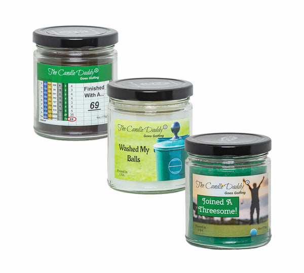 "Get In The Hole" Golf Combo Set Of Three Scented 6oz Jar Candles -Washed My Balls, Joined a 3Some, Finished w/a 69!