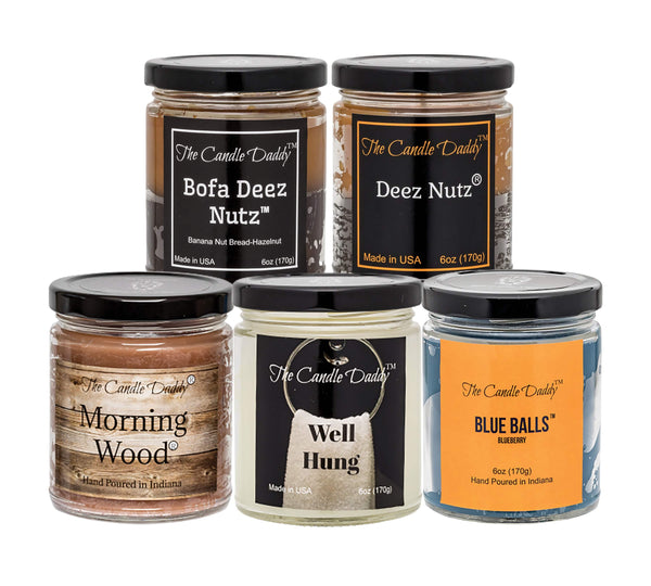 "Daddy's Greatest Hits Vol. 1" Combo Set Of Five of Our Favorite Scented 6oz Jar Candles - Deez Nutz, Bofa Deez Nuts, Blue Balls, Morning Wood and Well Hung - The Candle Daddy