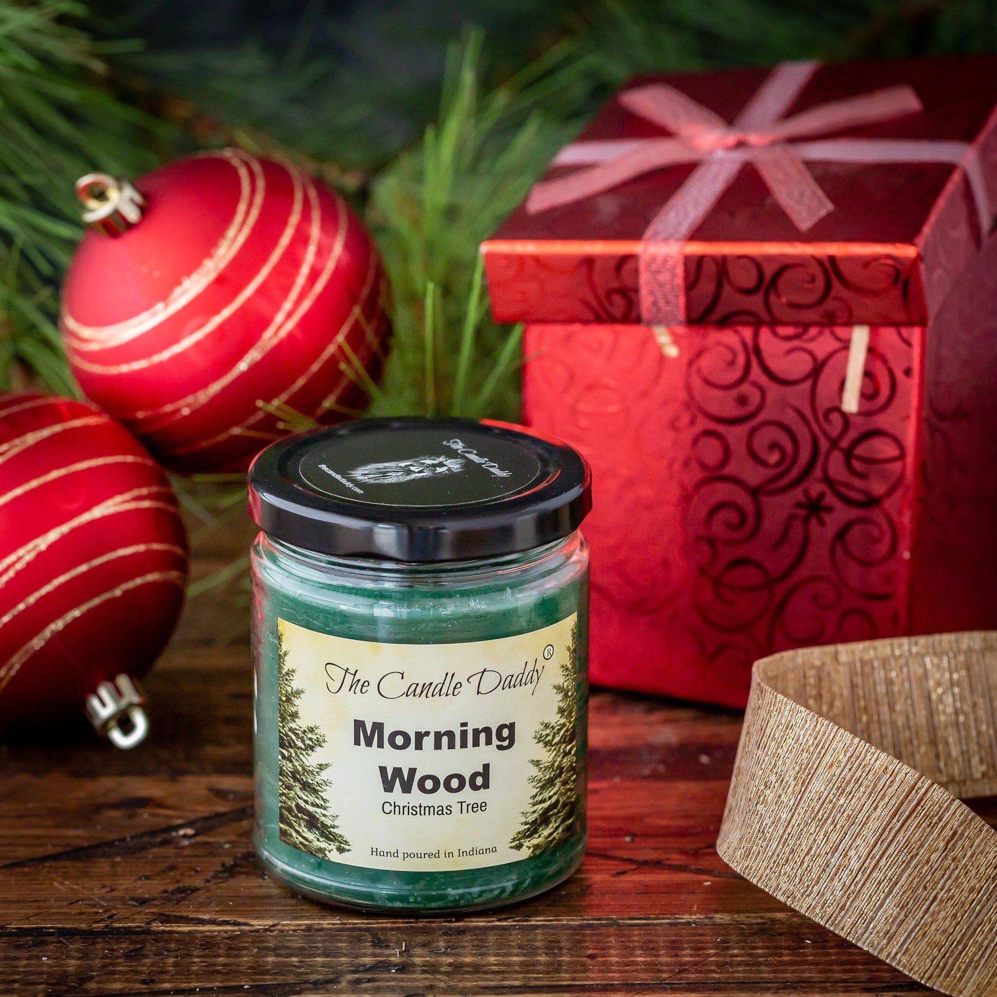 Morning Wood Christmas Holiday Candle - Funny Blue Spruce Pine Tree Scented Candle - Funny Holiday Candle for Christmas, New Years - Long Burn Time, Holiday Fragrance, Hand Poured in USA - 6oz - The Candle Daddy