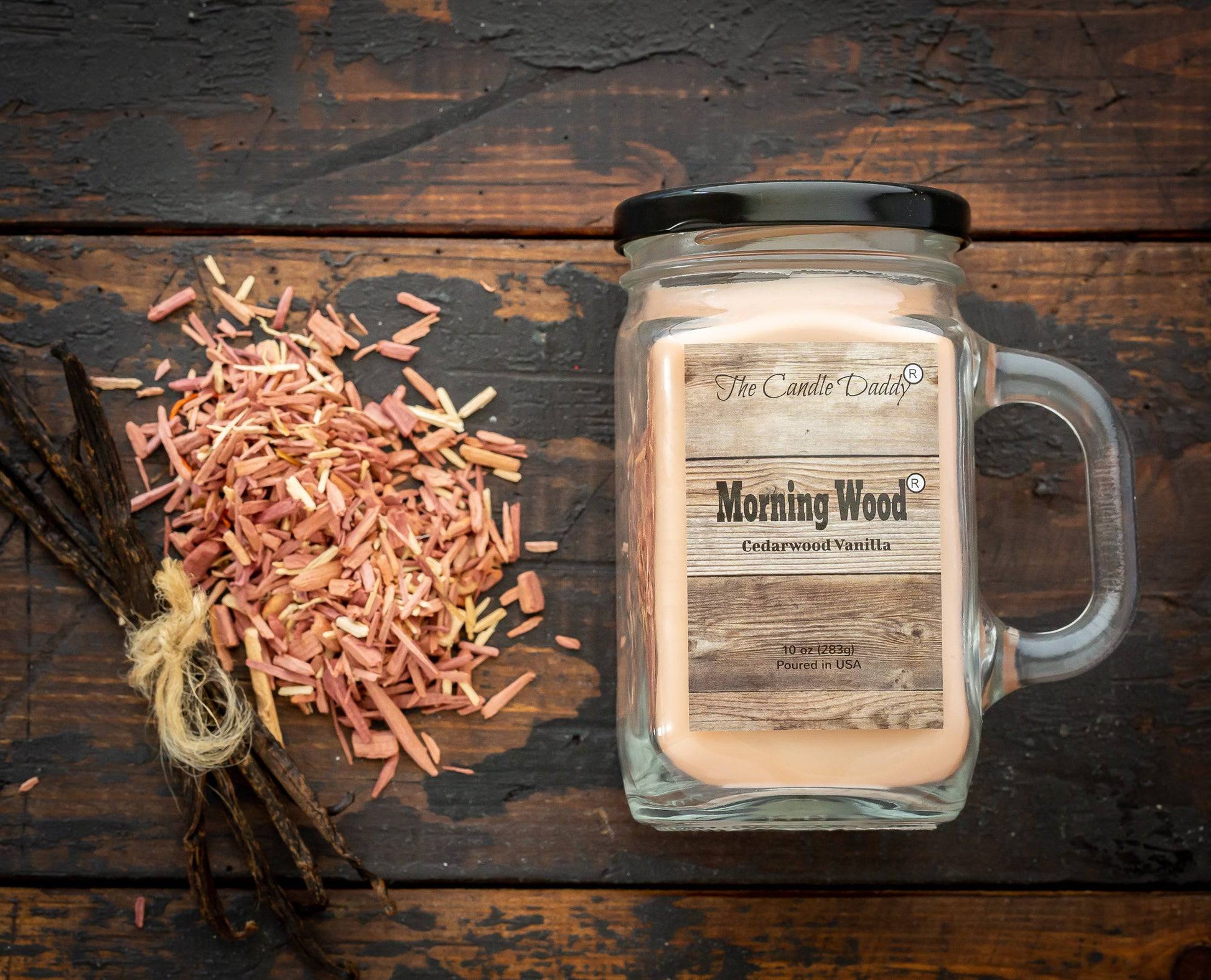 Morning Wood- Cedarwood Vanilla Scented Mason Jar with Handle  Candle- 10 Ounce- 80 Hour Burn- Made in USA - The Candle Daddy