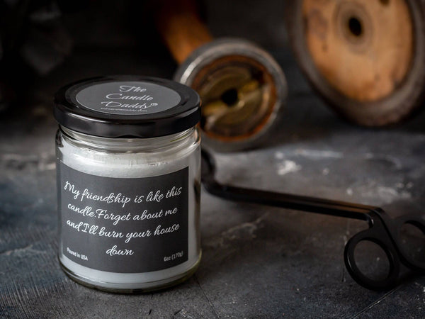 My friendship is like this candle.  Forget about me and I'll burn your house down- 6 oz- 40 hour burn time -Snickerdoodle Scent - The Candle Daddy