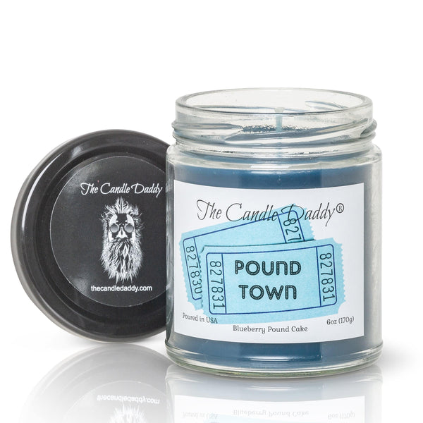 FREE SHIPPING - POUND TOWN - BLUEBERRY POUND CAKE SCENTED - FUNNY 6 OZ JAR CANDLE- 40 HOUR BURN TIME