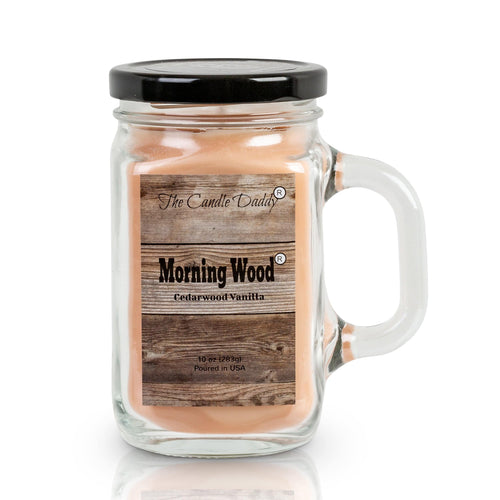 Morning Wood- Cedarwood Vanilla Scented Mason Jar with Handle  Candle- 10 Ounce- 80 Hour Burn- Made in USA - blowout