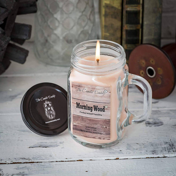 Morning Wood- Cedarwood Vanilla Scented Mason Jar with Handle  Candle- 10 Ounce- 80 Hour Burn- Made in USA - The Candle Daddy