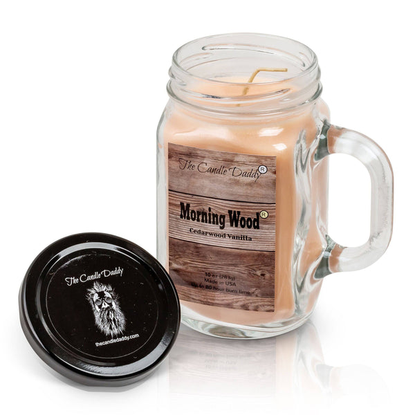 Morning Wood- Cedarwood Vanilla Scented Mason Jar with Handle  Candle- 10 Ounce- 80 Hour Burn- Made in USA - The Candle Daddy