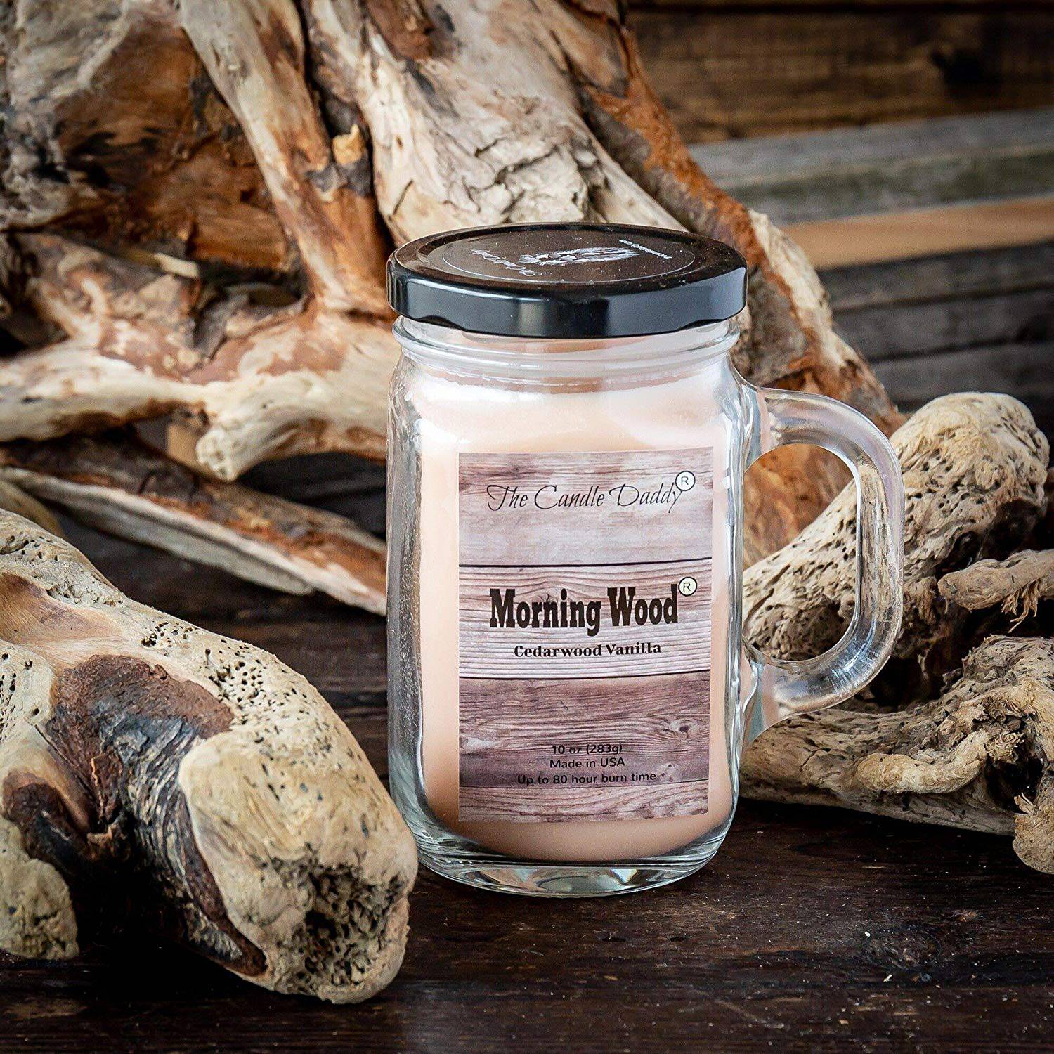 Morning Wood- Cedarwood Vanilla Scented Mason Jar with Handle  Candle- 10 Ounce- 80 Hour Burn- Made in USA - The Candle Daddy