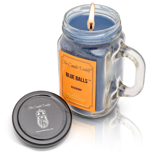 Blue Balls Candle- Blueberry Scented Candle- Mason Jar with Handle- 10 Ounce- 80 Hour Burn- Made in USA.