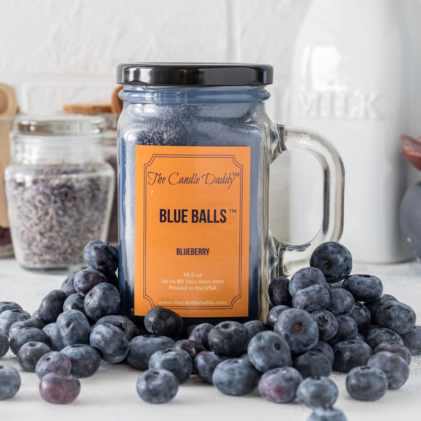 Blue Balls Candle- Blueberry Scented Candle- Mason Jar with Handle- 10 Ounce- 80 Hour Burn- Made in USA.